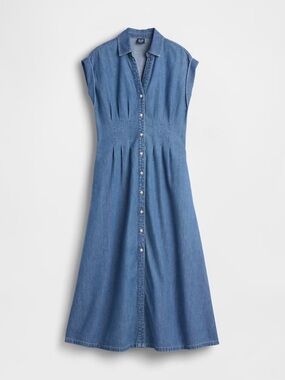 Gap Fit and Flare Midi Shirt Dress Pleat Waist Denim Roll Cuff Medium Wash XLT